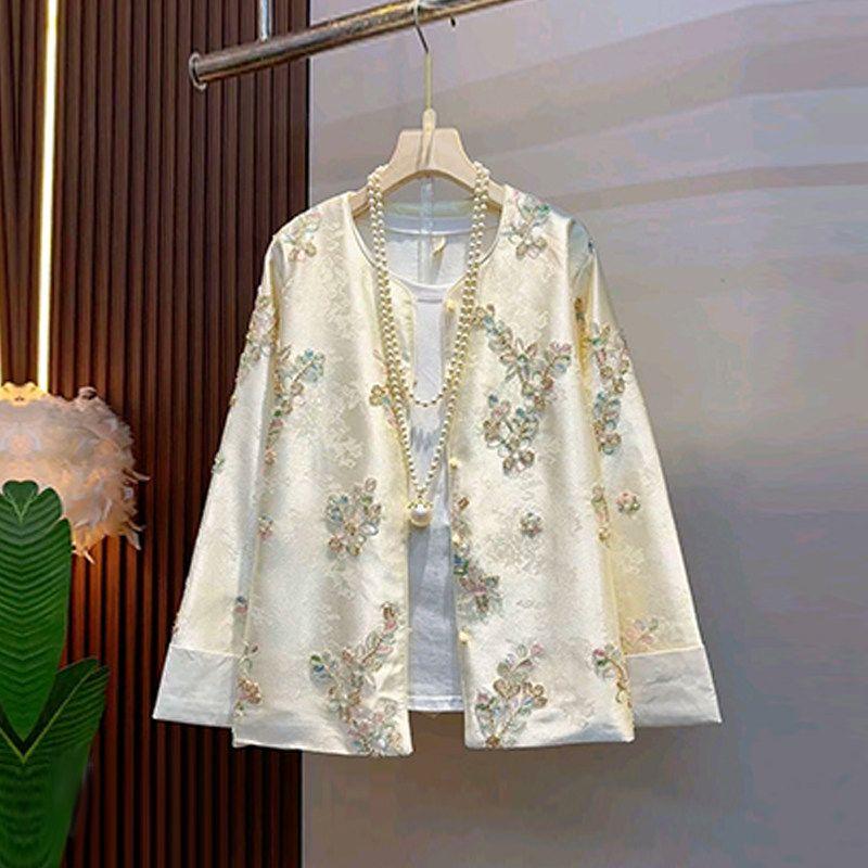 Plus-Size Women s Floral Chinese-Style Jacket with Rolled Sleeves, French Design, New Chinese-Style Fashionable Top Beige 3XL