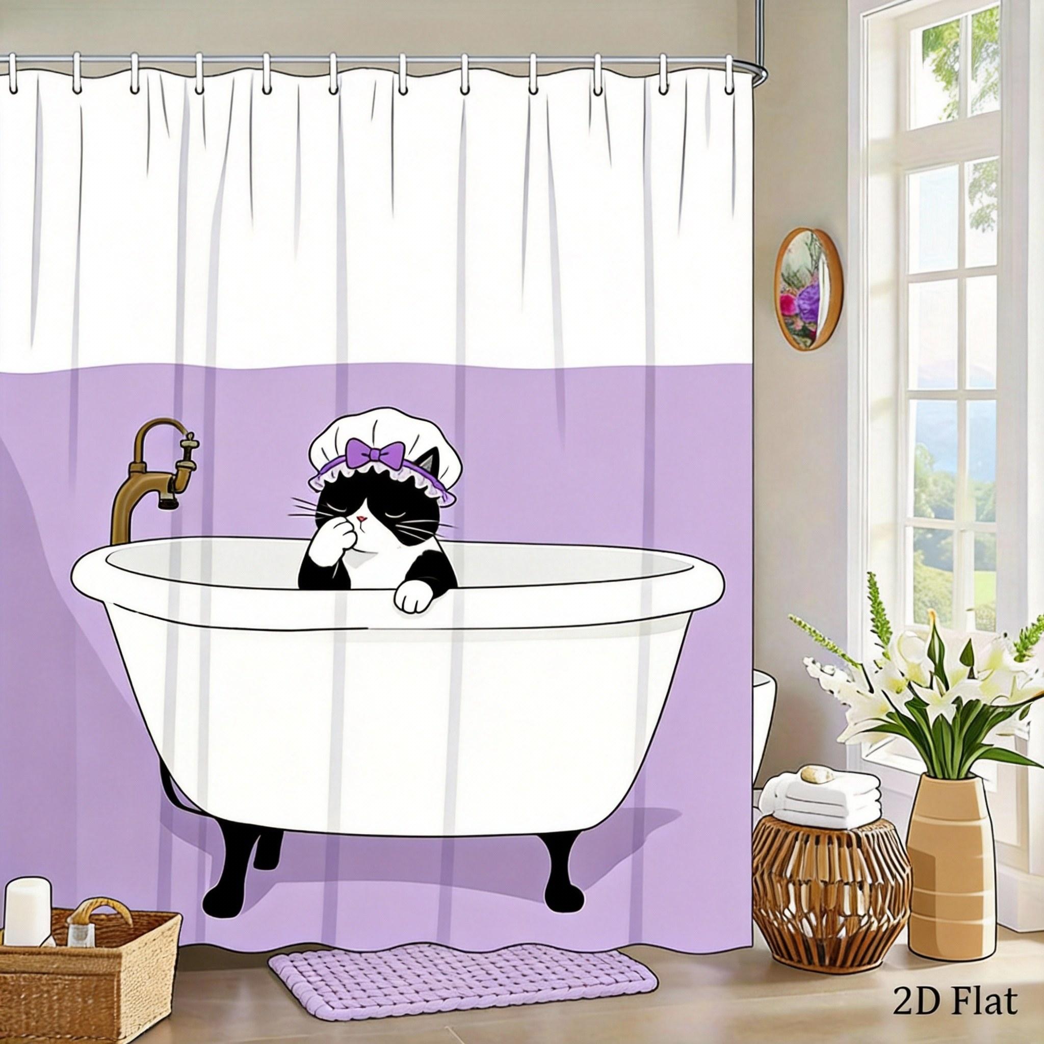 

Cute Cat Shower Curtain Black Cat Taking a Bath in Vintage Tub, Whimsical Pet-Themed Bath Curtain for Home and Kitchen Decor 90X180cm(35x70in)