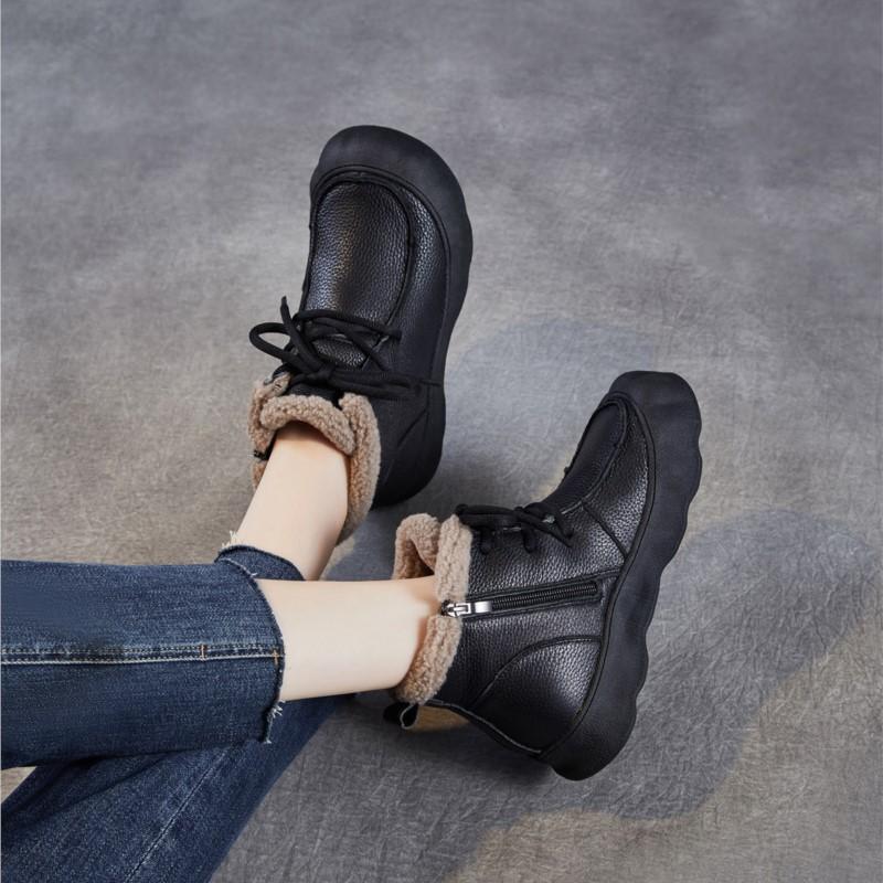 Johnature Retro Boty z pravé kůže Plyšové teplé Dámské kotníkové boty s měkkou podrážkou Kulatá špička Všestranné bavlněné boty