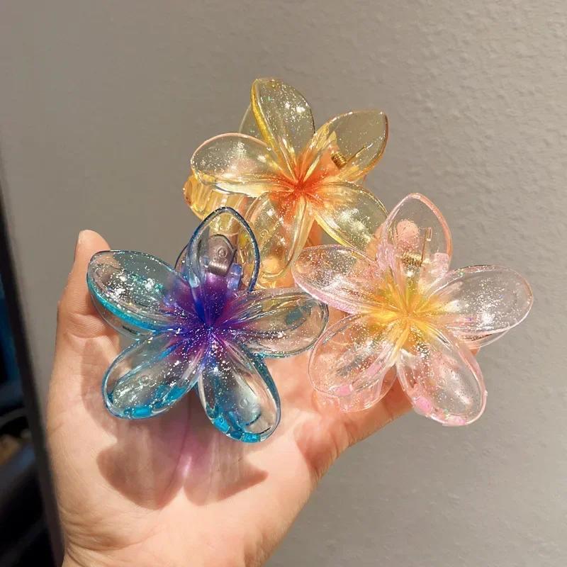 Fashion Sparkling Flower Claw Clip for Women Transparent Sweet Ponytail Shark Clip Versatile Girl Hair Accessories