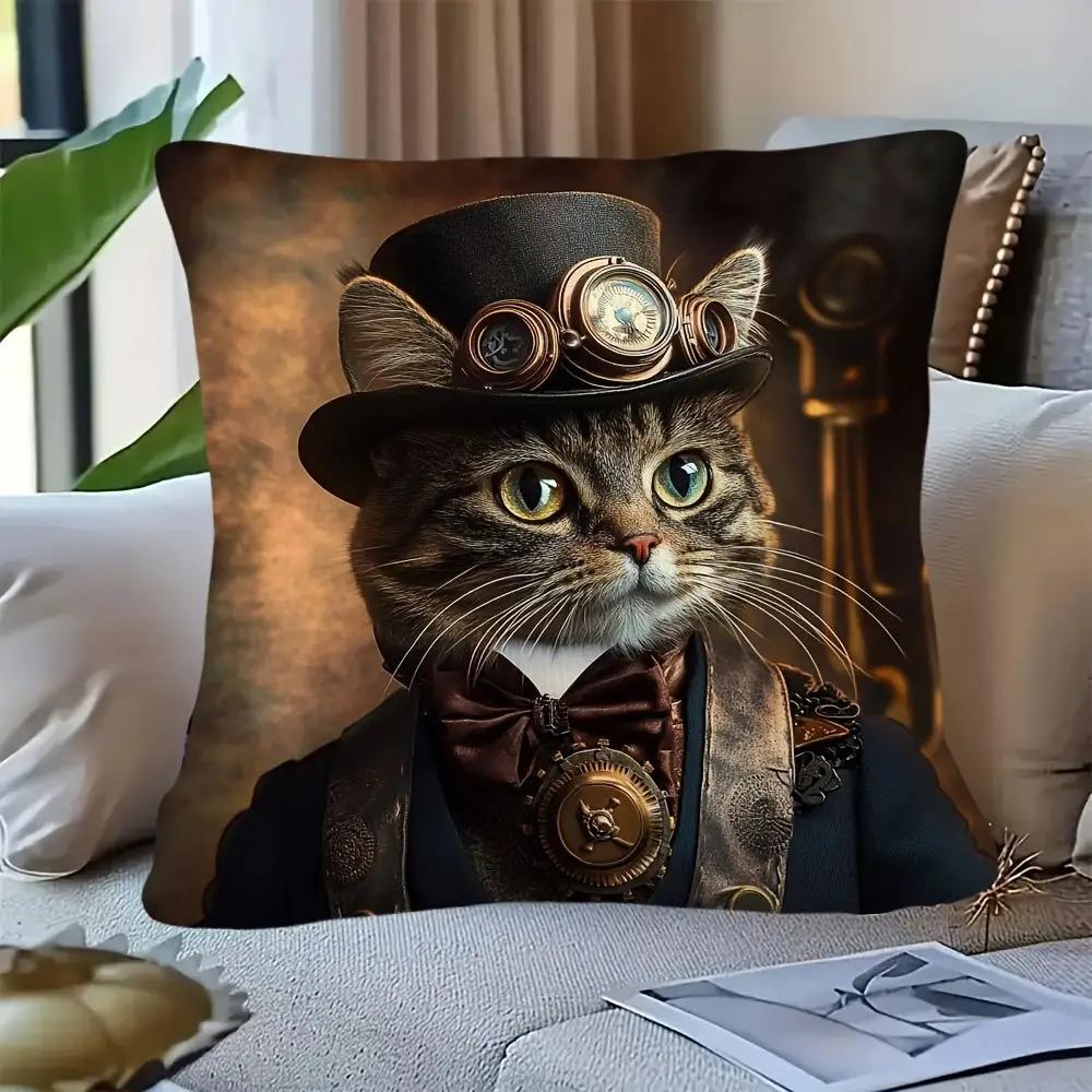 2D Flat- Vintage Steampunk Cat Throw Pillow Cover Victorian Gentleman Cat Decorative Pillow Case For Home Sofa Bedroom