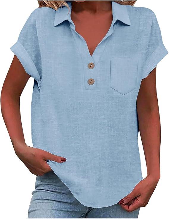 European Women's Cotton Linen Short Sleeve Lapel Button Shirt