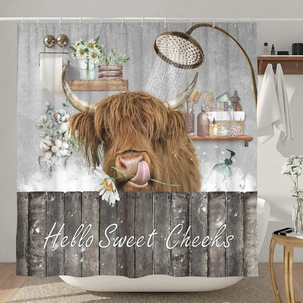 

Забавная фермерская шторка для душа с высокогорной коровой, винтажная западная, бык, скот, деревенская, кантри, шторки для душа, забавные животные, декор для ванной 180x230cm-70x90in
