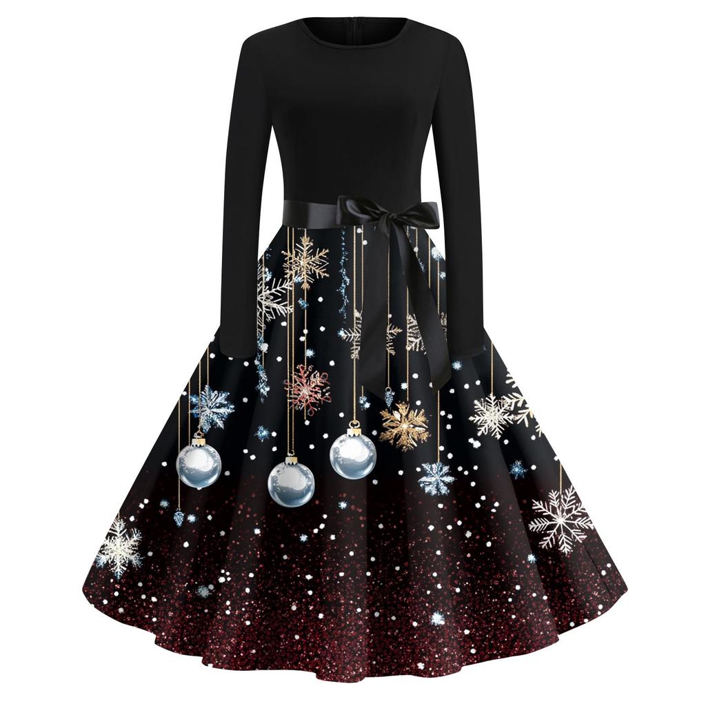 Damenmode Rundhalsausschnitt Lässig Schlank Weihnachten Bedruckte Langarmkleider