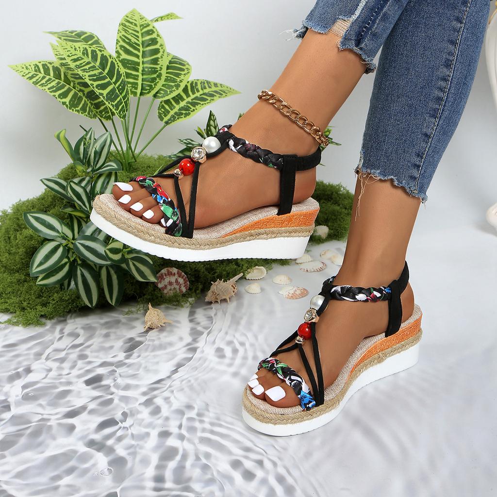 Fashion Handmade Sandal Clogs With Heel Comfort Shoes for Women Large Size Breathable Suit Female Beige Rope Thick High Wedge Big Low 20