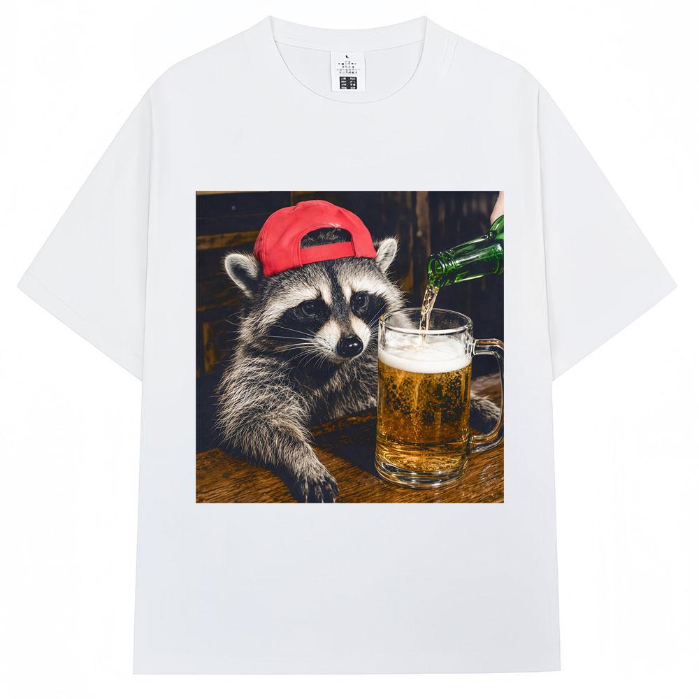 Funny Raccoon Beer Graphic T Shirts Unisex Vintage Fashion Short Sleeve Oversi Casual Summer Tshirts Streetwear