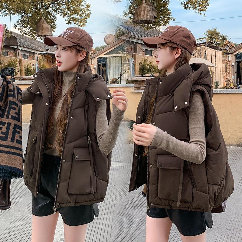 Single large size hooded down cotton vest women's autumn and winter loose cotton vest short big pocket vest jacket