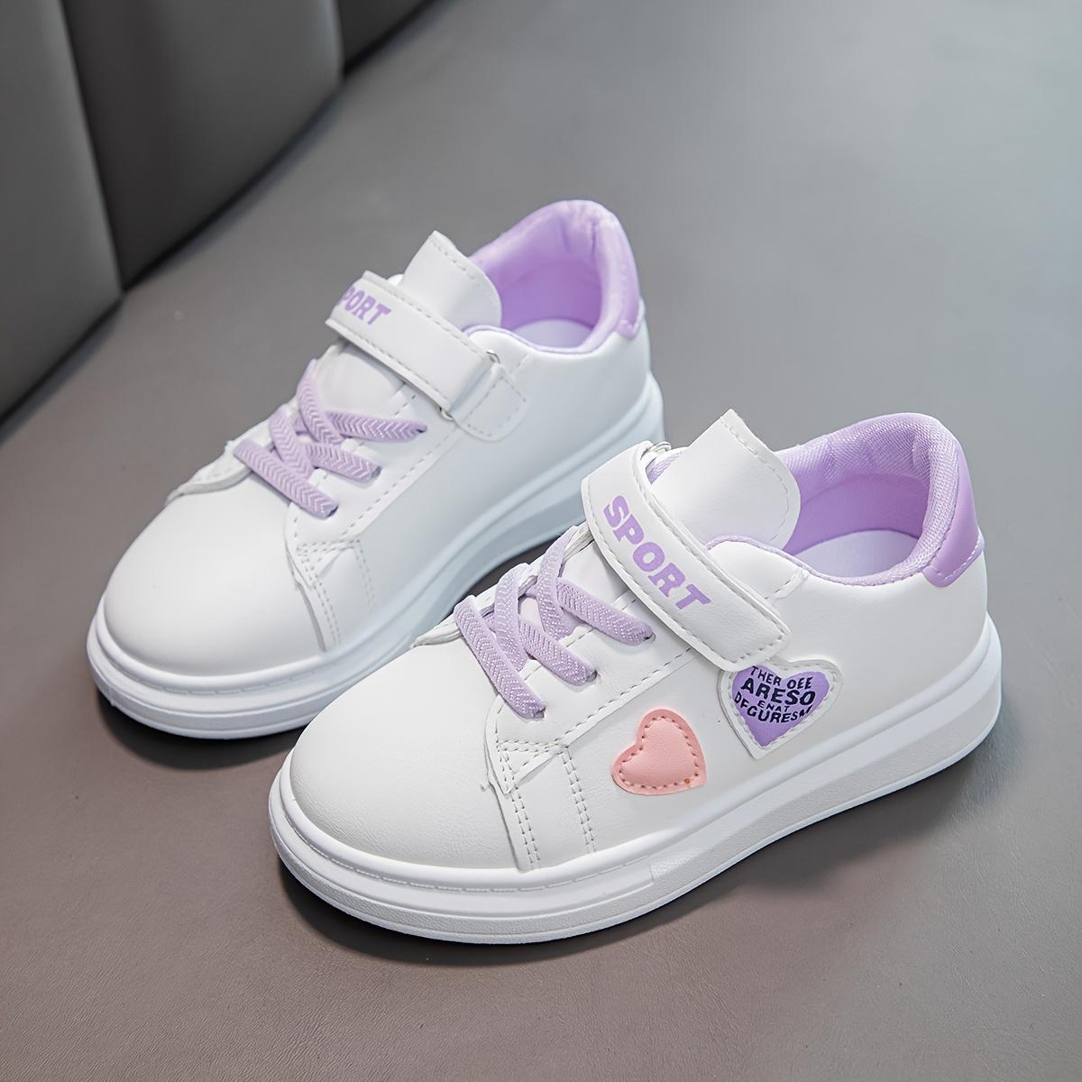 

[Cute Kids Sneakers] Cute Kids Casual Sneakers | Heart Pattern White & Pink Low-Top Lace-Up Shoes, Round Toe, Faux Cover Upper, Fabric Inner 26 Фіолетовий