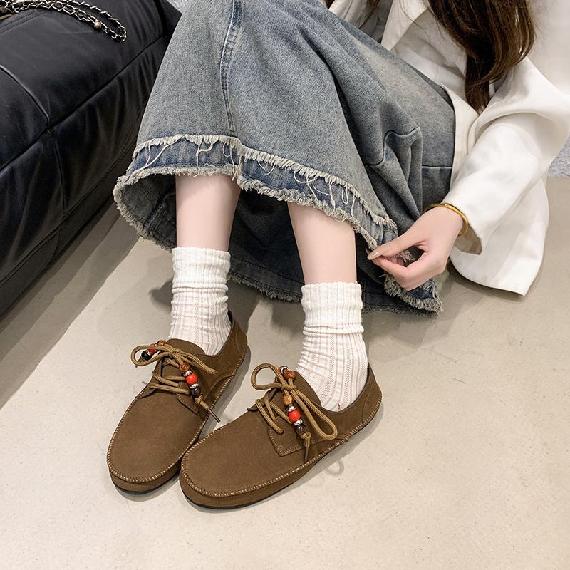 Fashion Plus Size Flats Fall New Round Toe Pile Beaded Front Lace-Up Soft Sole Non-Slip Wear-Resistant Single Shoes