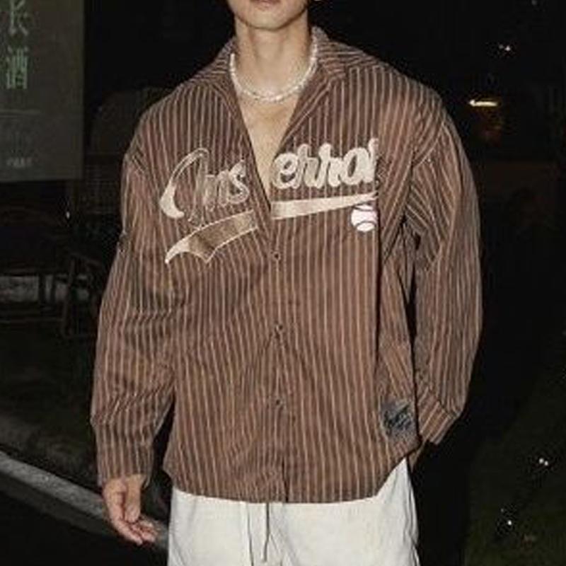 Men's Clothing Autumn Trendy American Vintage Striped Letter Embroidery Shirt Y2K Casual Streetwear Oversized Long Sleeve Tops