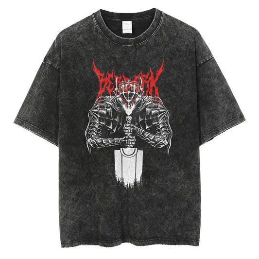 Japanese Anime Berserk Retro Washed T-shirt Men and Women Summer Harajuku Y2K Clothing Fashion Round Neck Short Sleeved Tee