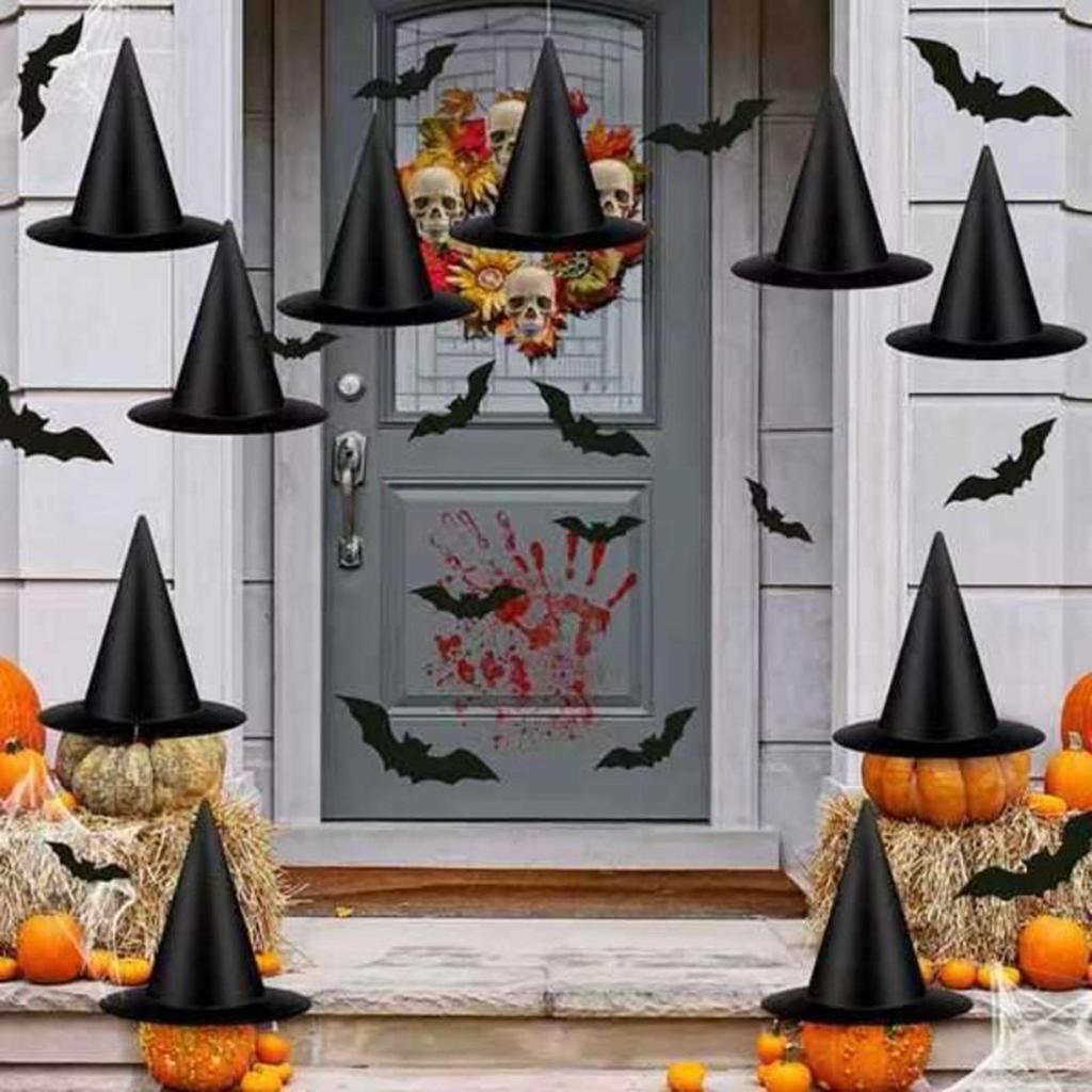 Halloween Witches Hat 12 Pieces Spooky Halloween Decorations With Bats Witch Hat Set With 164Ft Nylon Cord For Indoor Outdoor