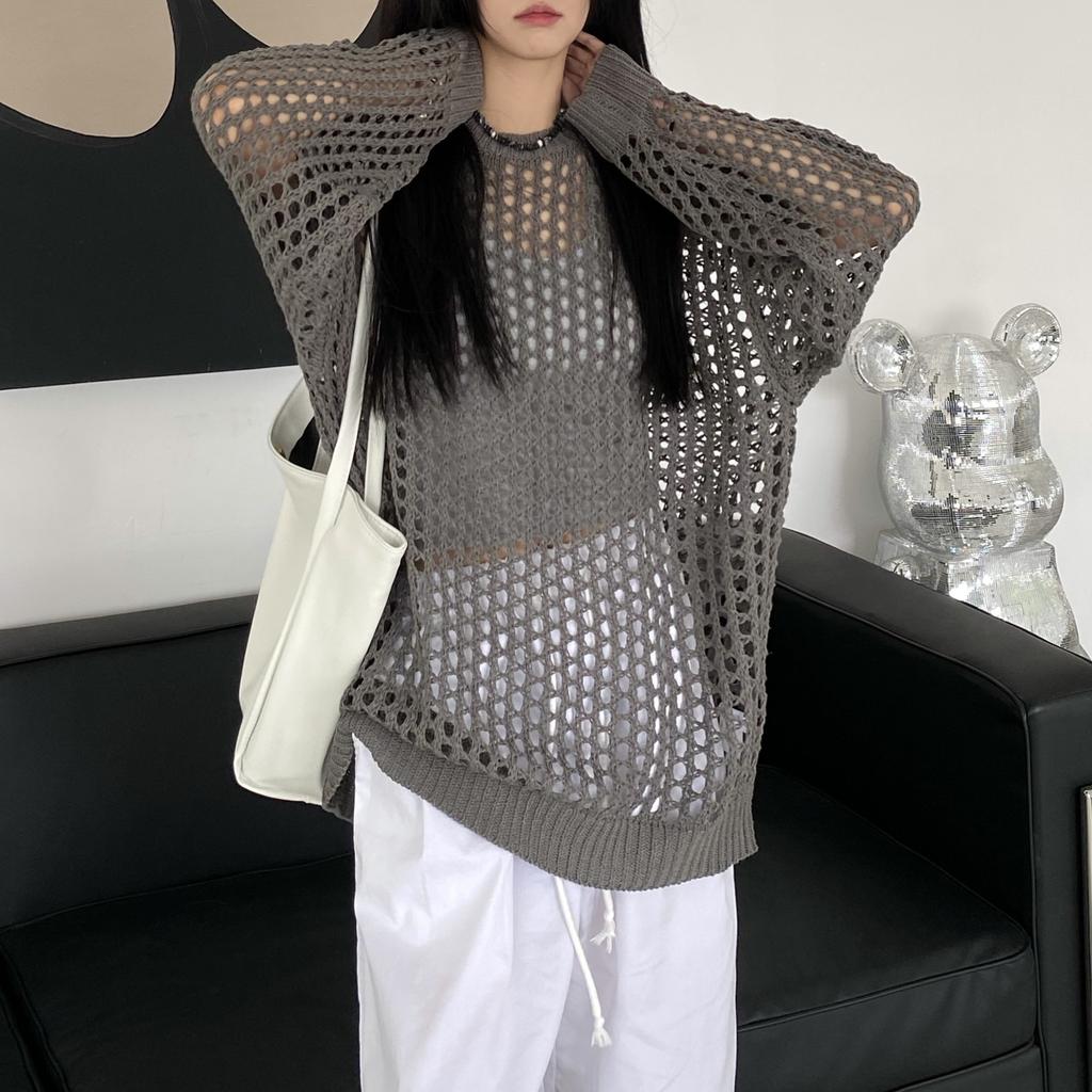 Damen Unifarbenes Hohlstrick-Shirt Frühling und Sommer Lockerer Sonnenschutz Klimaanlagen-Shirt Top
