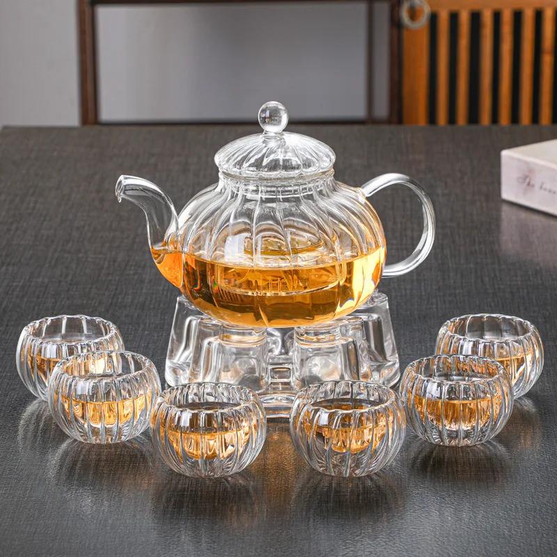 Flower Tea Pot Heat Resistant Glass Striped Pumpkin Filter Inner Tank Soaking Home and Kitchen Supplies