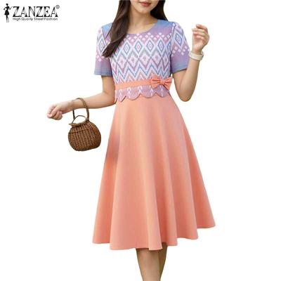 Women Casual Print Patchwork Summer Short Sleeve Dress