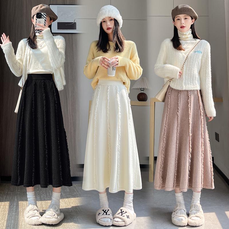 Women's Autumn-Winter White Wool Midi Skirt: High Waist, A-Line with Tassel Detail