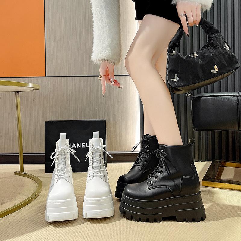 Fashion Hot Sale Edgy Chunky Platform Lace - Up Boots Women's Stylish Black & White Fashion Ankle Booties