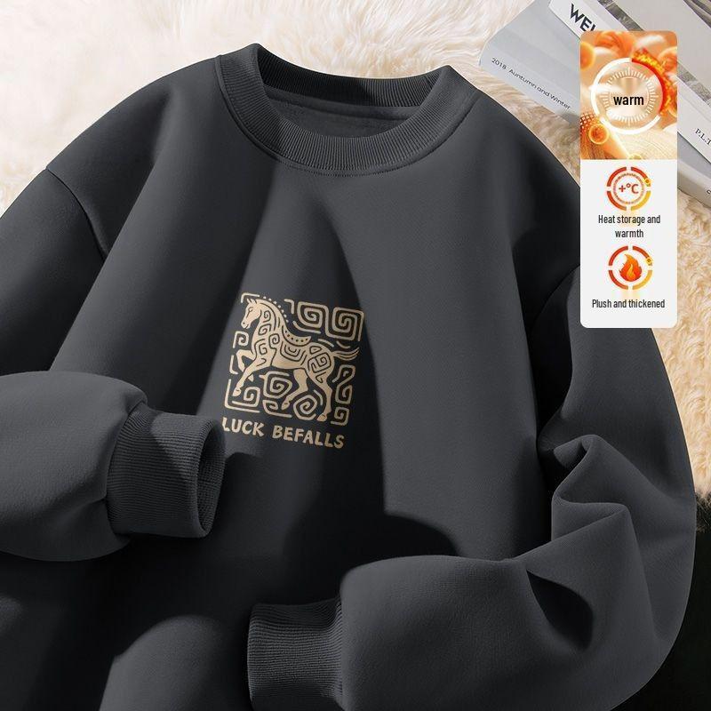 Men's Year of the Horse Red Coral Fleece Hoodie with Velvet Lining - Loose Fit, Pure Cotton, Round Neck