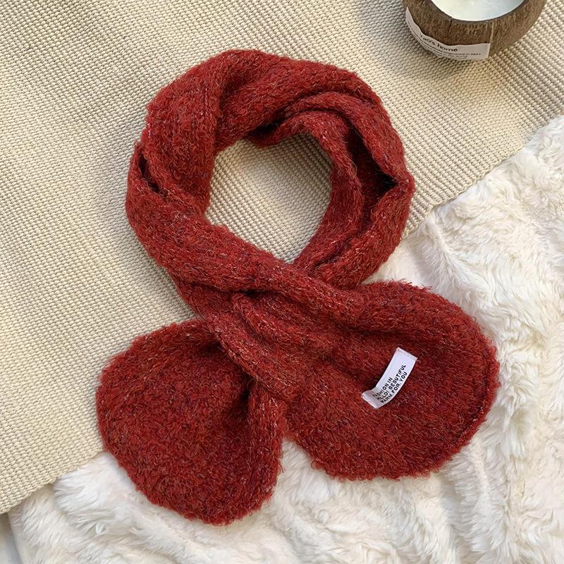 Autumn and winter scarf women's new versatile small ears solid color small scarf knitted wool cross scarf
