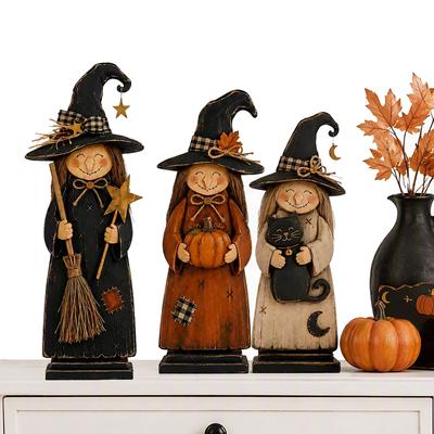 Halloween Indoor Dekor Holz Hexenfiguren Set Rustikales Bauernhaus Herbst Ernte Tischdeko Regal Saisonales Geschenk