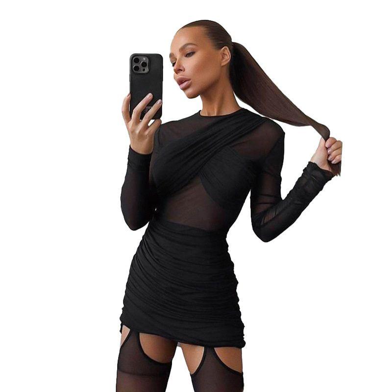D25Ds524 European and American Women's Clothing New Winter Style See-Through Mesh Patchwork Pleated Long-Sleeved Hip-Hugging Dress Wholesale