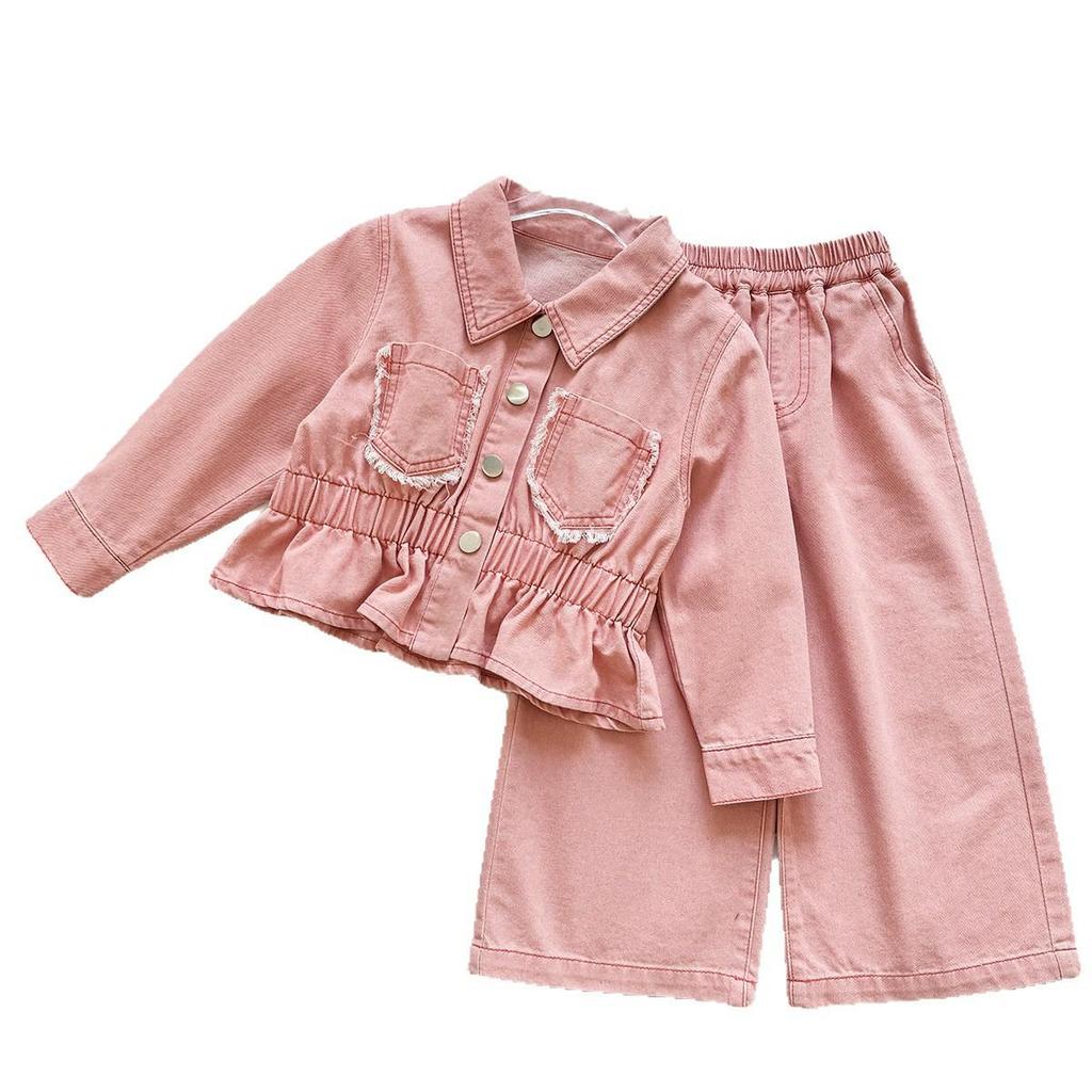 Girls' Cropped Ruffle Hem Denim Jacket & Wide-Leg Trousers Set - Trendy Autumn Outfit