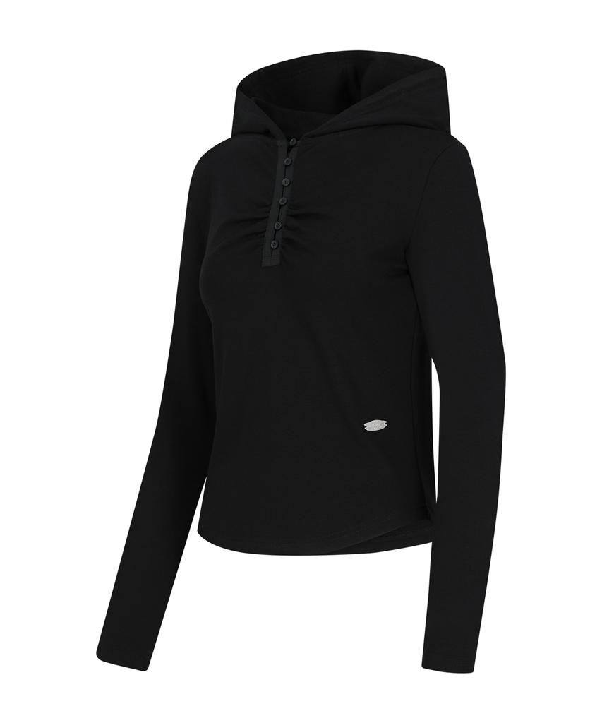 SECONDSALT Shirred Button Neck Hooded Long Sleeve (Black)