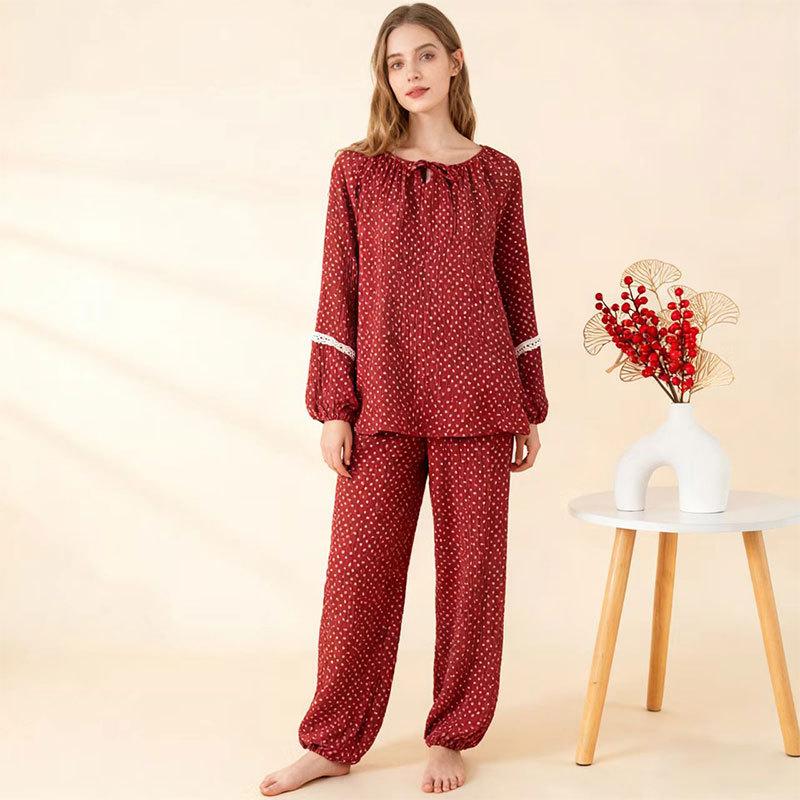 Pure cotton pajamas women's autumn new red polka dot natal wedding Japanese cotton loungewear set