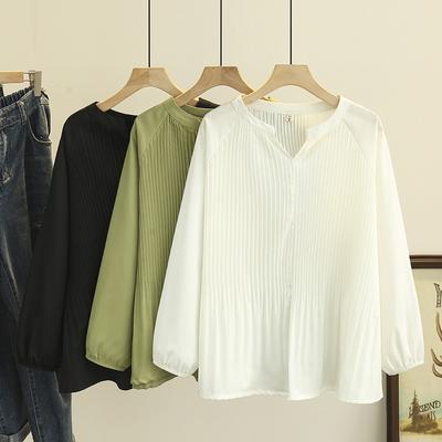 Spring and Autumn Falling Shoulder Women's  Long-Sleeved Pleated Chiffon Shirt Thin  SleevesNon-Stretch Shirt Plus Size