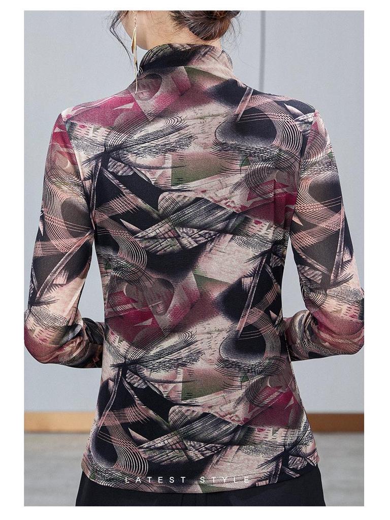 2025 Spring & Autumn Fashion Semi-High Neck Mesh Slimming Top for Moms