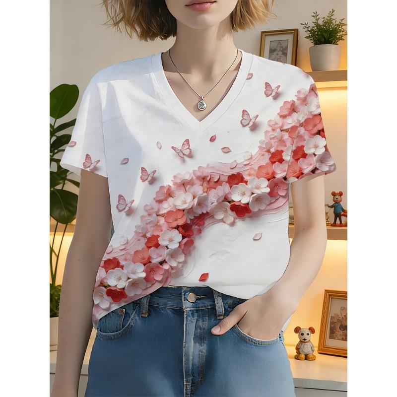 

Women s V-Neck Short-Sleeve T-Shirt Suitable for Daily Wear & Vacations - Elegant Loose Fit Butterfly Print Blouse-Compatible Top S