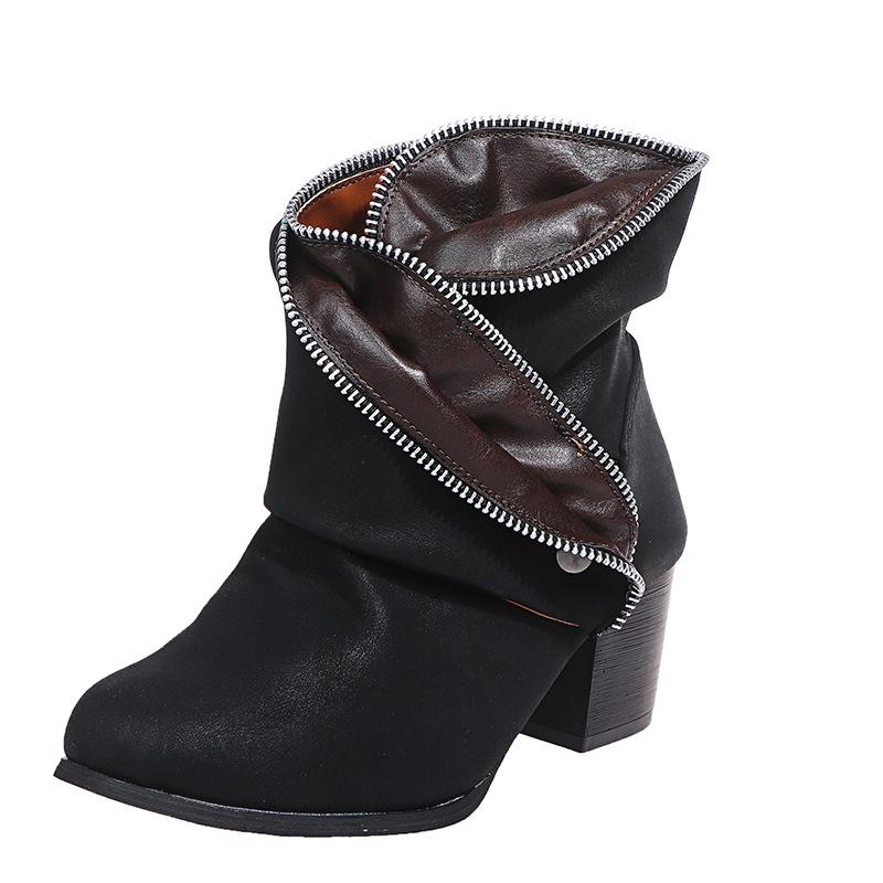 In Stock: 2021 Autumn/Winter Chunky Heel Zipper Women's Fashion Boots Flats