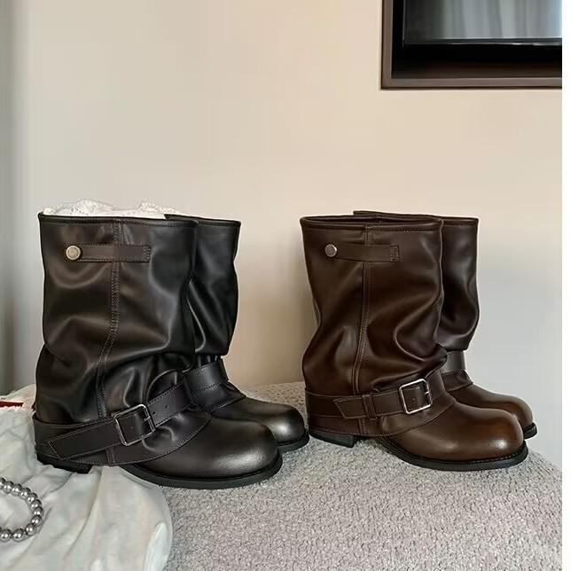 Grape Mother Studiolee Wasteland Wind Thick Bottom Heightening Width Big Tube Circumference Pile Boots Western Short Boots Women Autumn and Winter