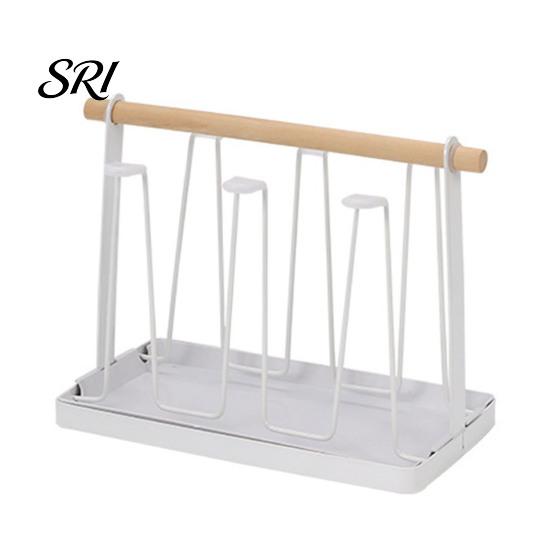 Nordic Style Cup Holder Iron Drying Rack with Wood Handle & Drip Tray Baby Bottle Plastic Dryer Space-Saving Countertop Organizer for Mugs Glasses
