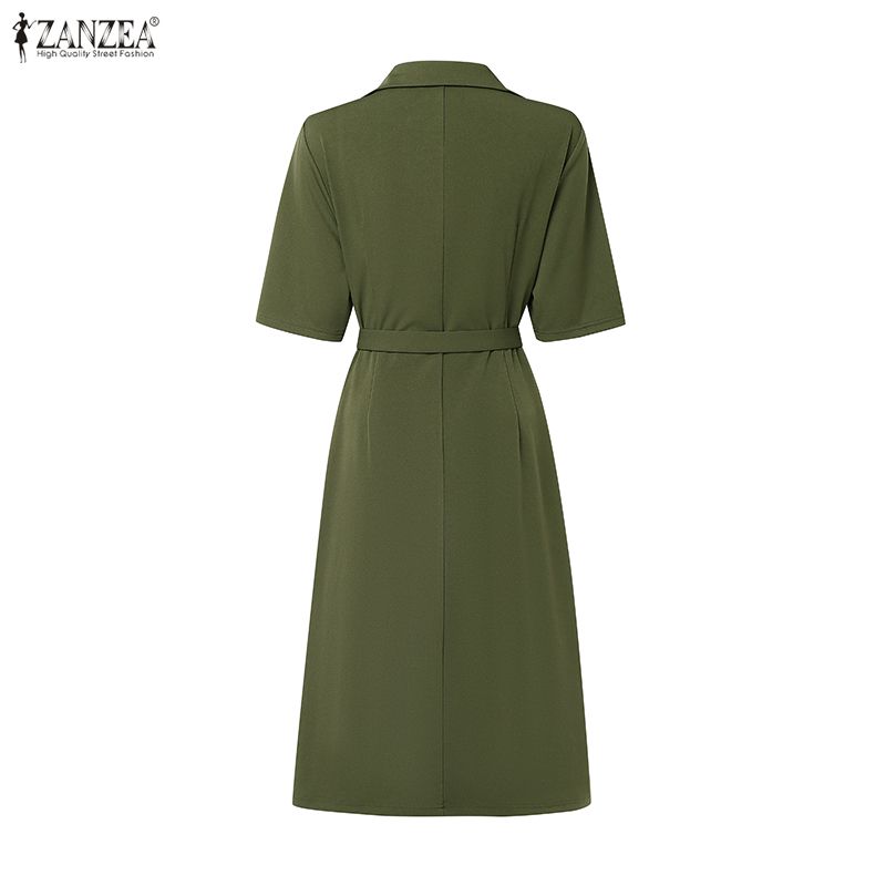 ZANZEA Women Casual Turn Down Collar Solid Color Half Sleeve Dress