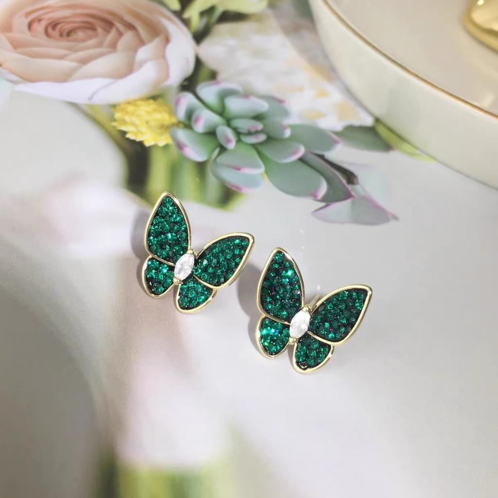 Korean exquisite micro-inlaid zircon stud earrings, full zirconium butterfly earrings, sapphire blue-green earrings, high-end silver needles.