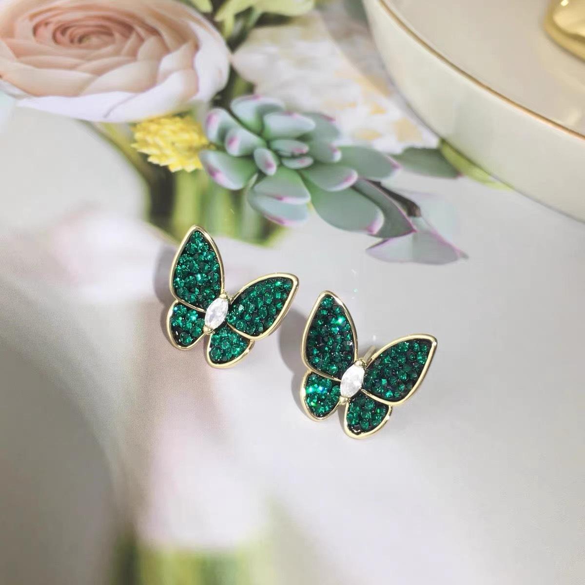 Korean exquisite micro-inlaid zircon stud earrings, full zirconium butterfly earrings, sapphire blue-green earrings, high-end silver needles. 925 silver