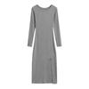 Spring 2026: Spicy Round Neck Long-Sleeve High-Slit Dress - Waist-Cinched, Solid Color, Hip-Hugging Design for Women