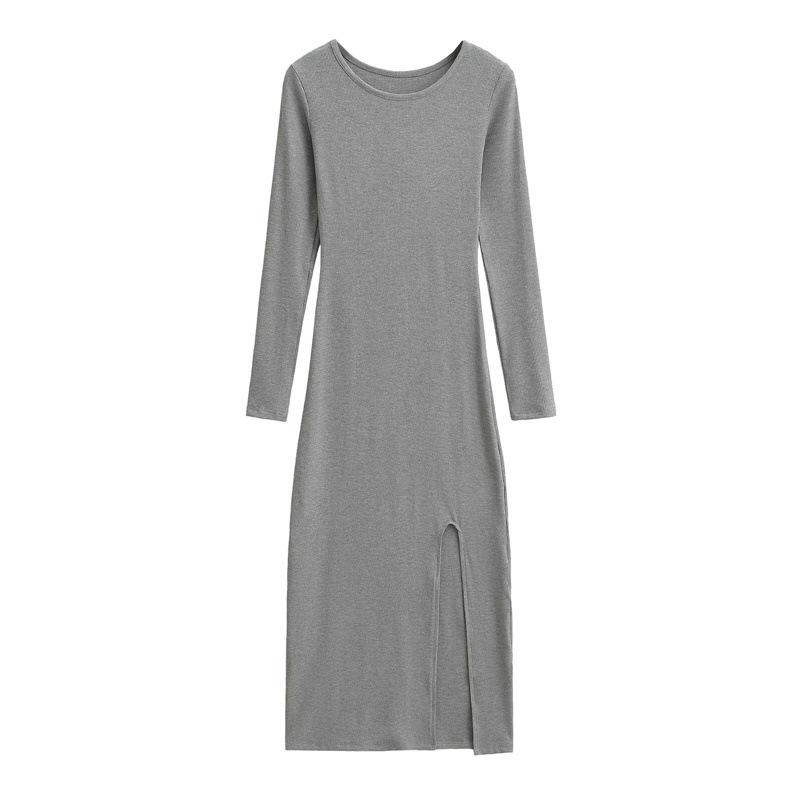 Spring 2026: Spicy Round Neck Long-Sleeve High-Slit Dress - Waist-Cinched, Solid Color, Hip-Hugging Design for Women