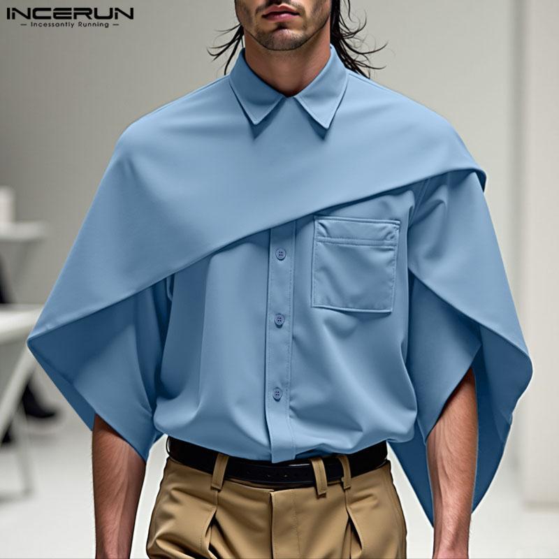 INCERUN Men Lapel Collar Short Sleeve Irregular Layers Patchwork Casual Cape Shirts