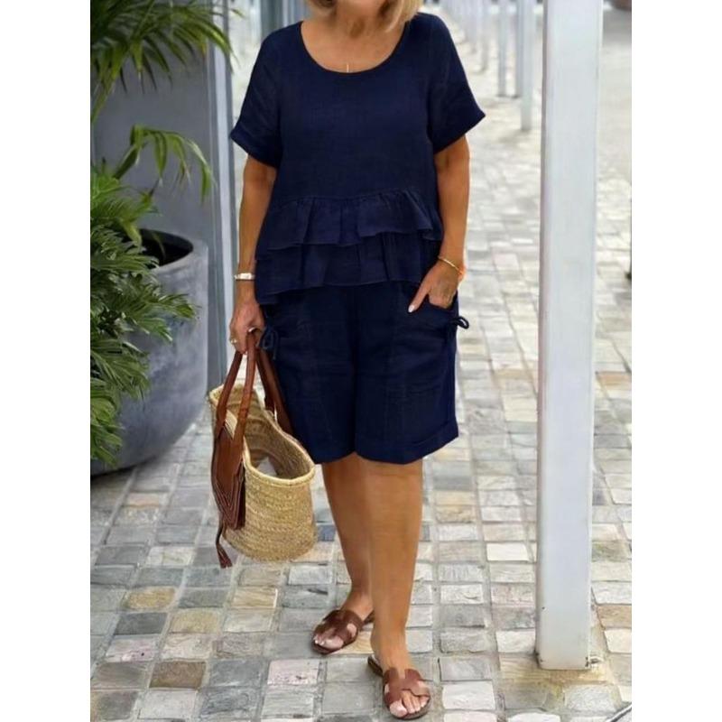 Spring/Summer 2026 Cotton Linen Two-Piece Set with Ruffled Short Sleeve Top and Pocketed Shorts