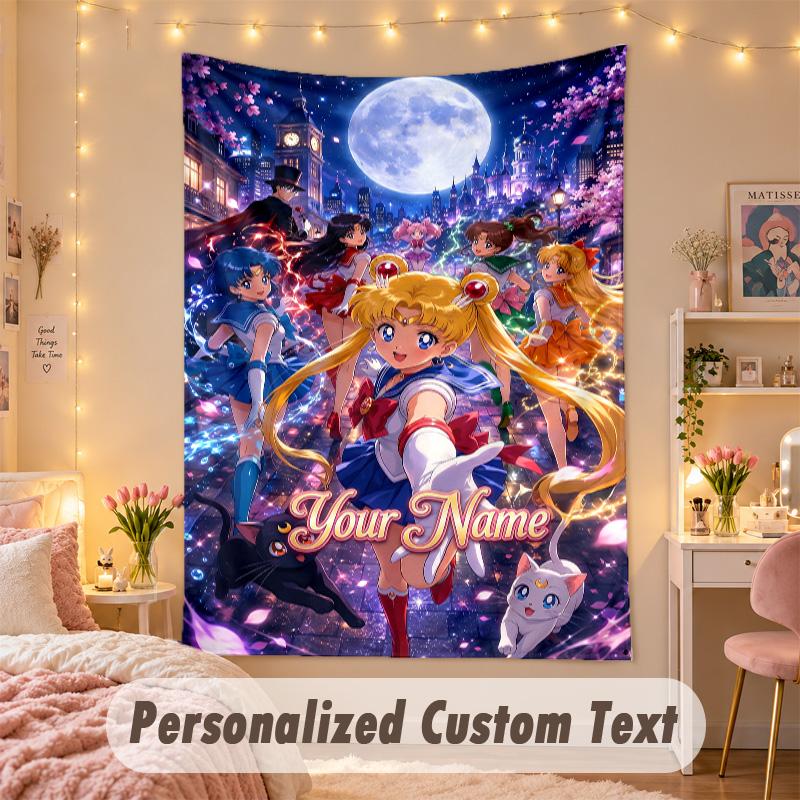 Custom Personalized Tapestry,Sailor Moon Print Custom Name Text Wall Art Hanging for Bedroom