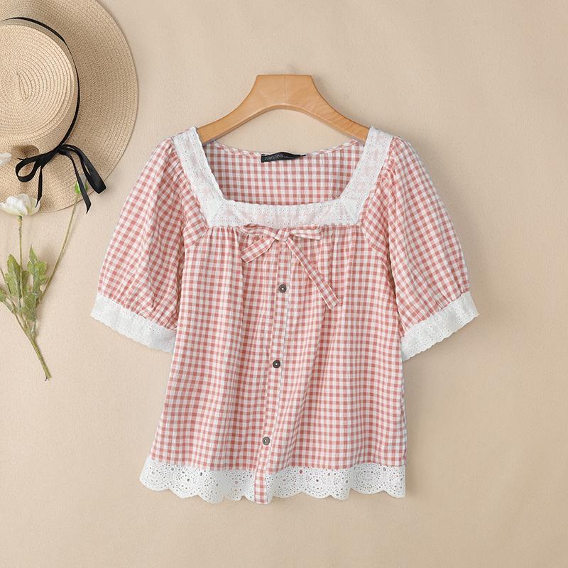 ZANZEA Women Lace Splice Square Collar Casual Short Sleeve Grid Print Blouse