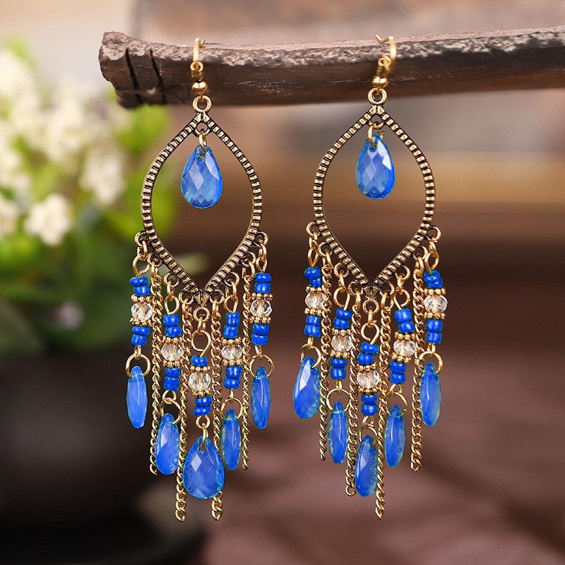New Chinese Bohemian Long Crystal Tassel Earrings Exaggerated Ethnic Elegant Dangle Earrings For New Year Gift