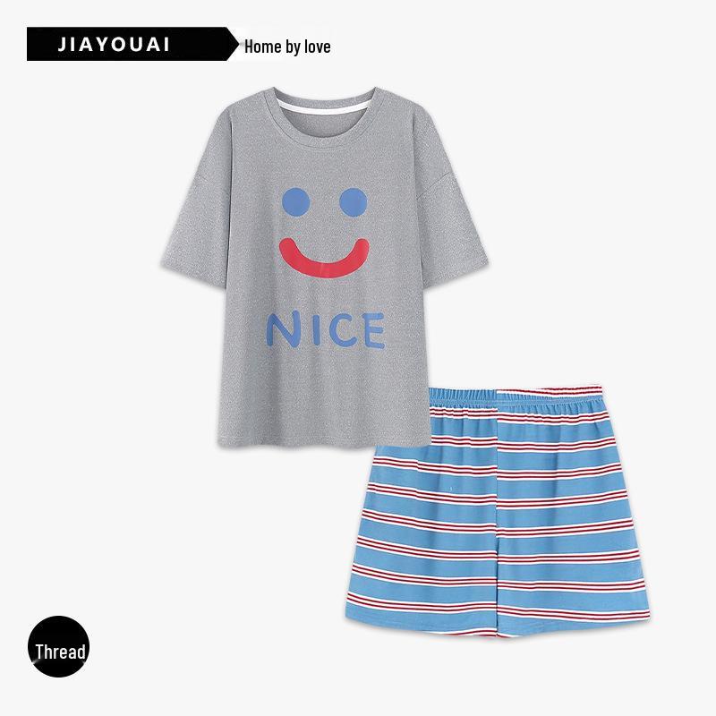 Women s Smiley Face Pajama Set: Summer Striped Shorts & Short Sleeve Tee for Comfortable Home Wear. 2XL