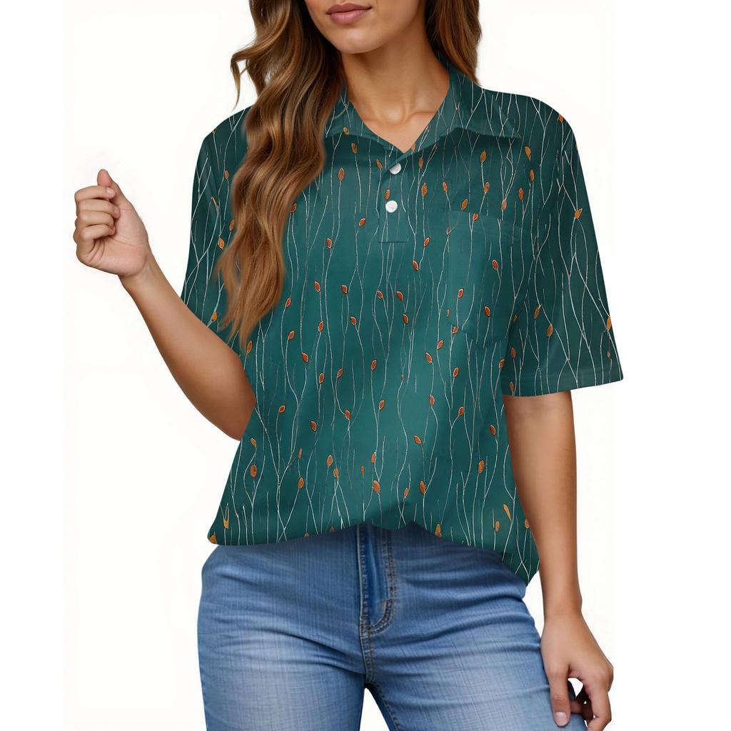 Damenmode Lässig Knopf Tasche Hemd Kurze Ärmel Druck Revers Oberteil
