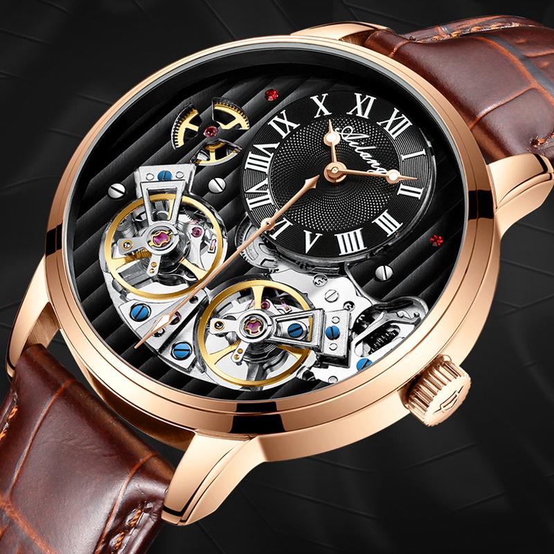 AILANG Orologi da Uomo Nero Doppio Tourbillon Cinturino in Pelle Orologi Meccanici Automatici Tourbillon Volante Impermeabile