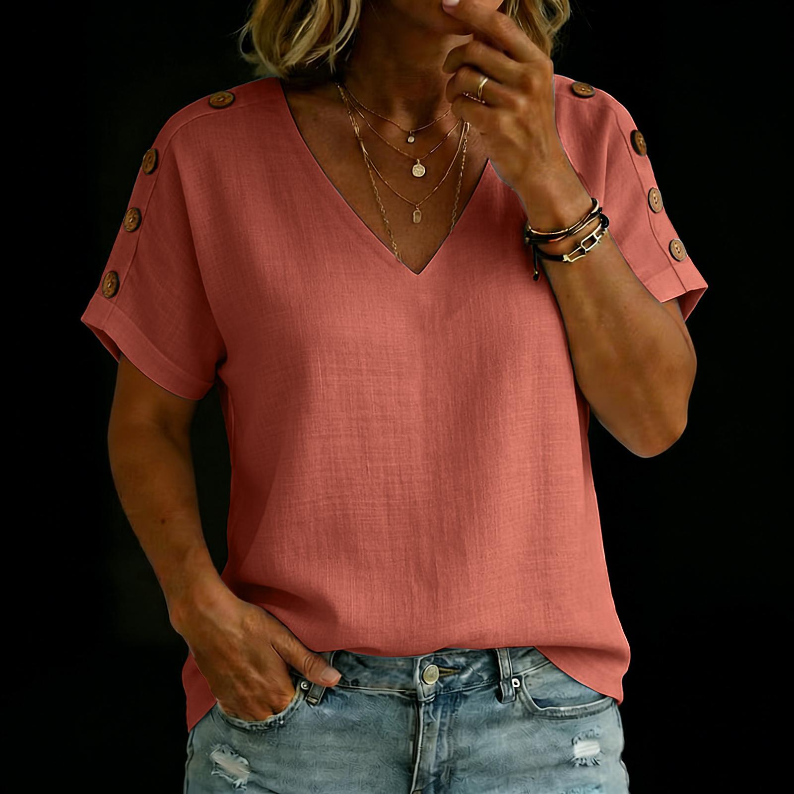 Women s Loose-Fit V-Neck Short-Sleeve Button-Down Casual Shirt XL