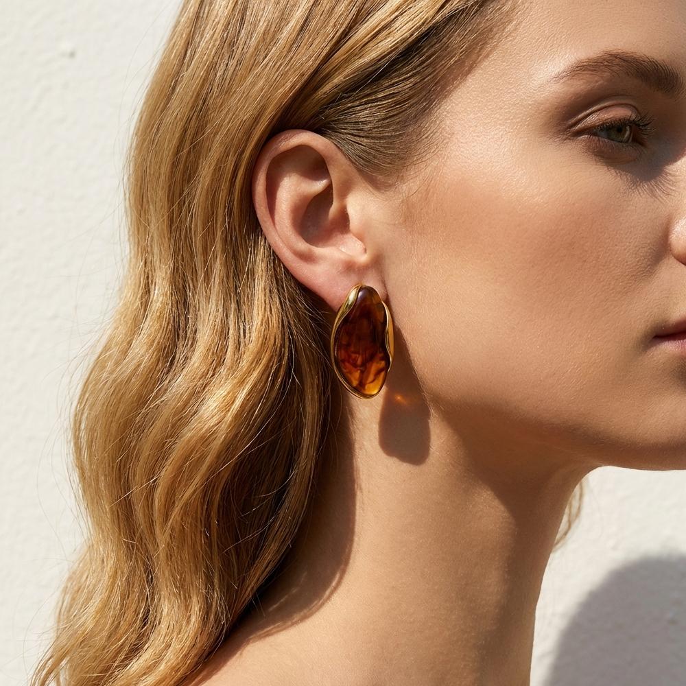 Kleurrijke Dikke Hars Onregelmatige Oorbellen Ring Vintage Roestvrij Staal 18K Verguld Vinger Sieraden Cadeau voor Vrouwen