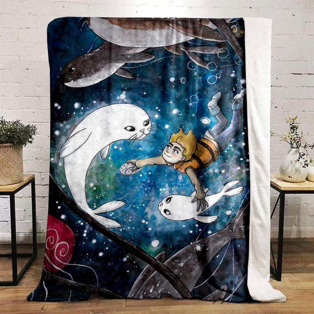 Ein Junge schwimmt unter Wasser mit Robben inmitten von Blasen und einem bunten Hintergrund. Decke für alle Jahreszeiten Mittagspause Überwurf Geschenk